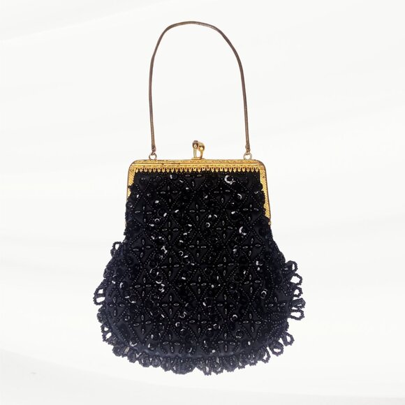 Styled by Encore Handbags - Vintage Styled by Encore Black Beaded and Sequined Kiss Lock Clutch/Evening Bag